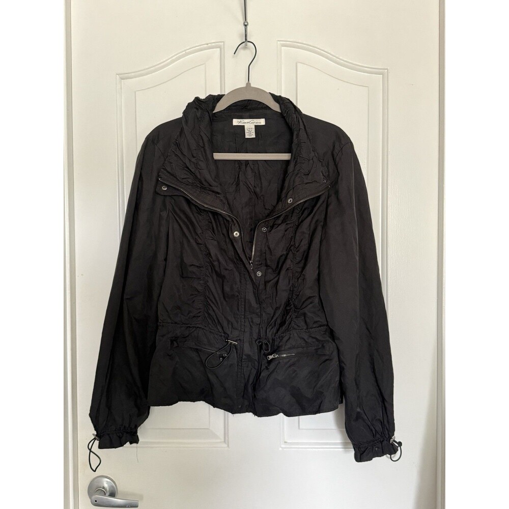 Kenneth Cole Black Crinkled Lightweight Jacket Zip Front Drawstring Large